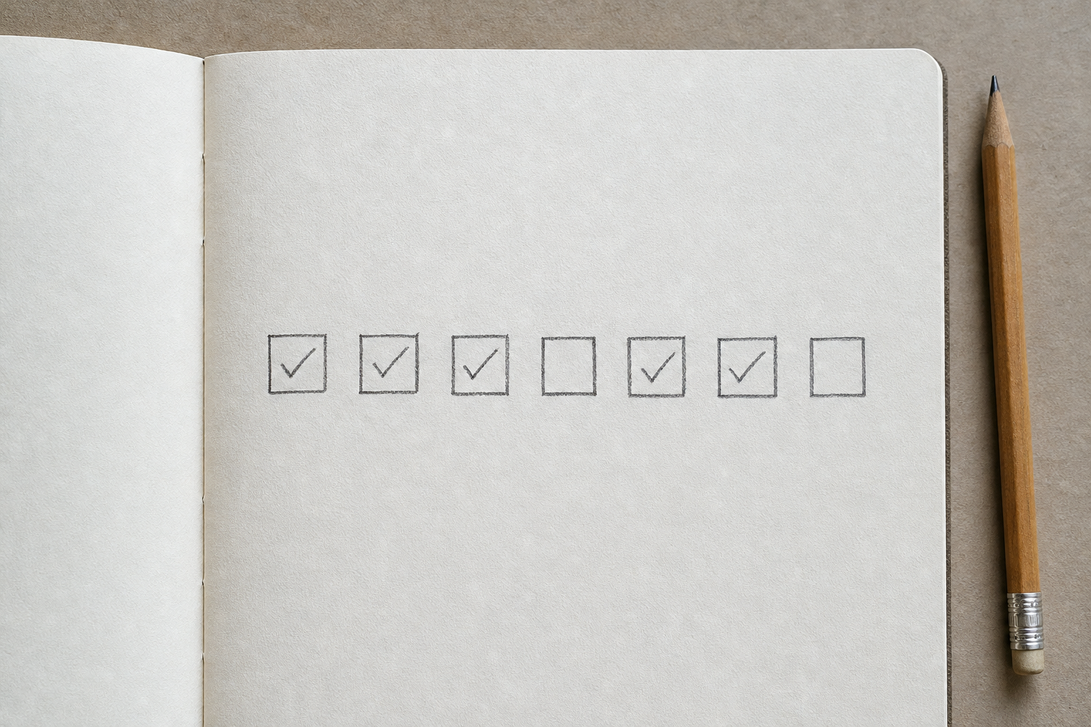 Quaderno aperto con una fila di caselle, alcune spuntate e altre vuote, e una matita accanto.