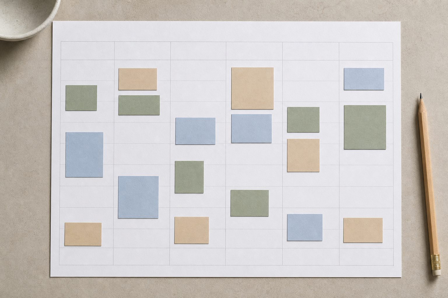 Planning cartaceo con blocchi colorati distribuiti in sette colonne e spazi lasciati liberi tra gli impegni.