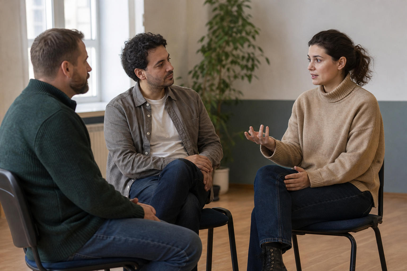 Una persona parla a due interlocutori seduti di fronte a lei in un piccolo gruppo.