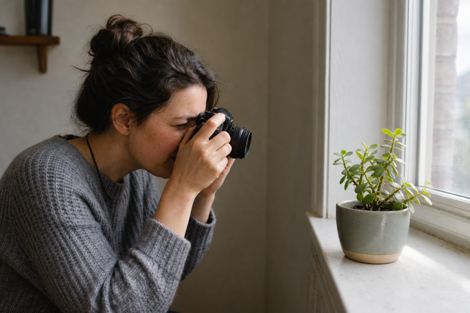 Donna che fotografa una pianta accanto alla finestra di casa.